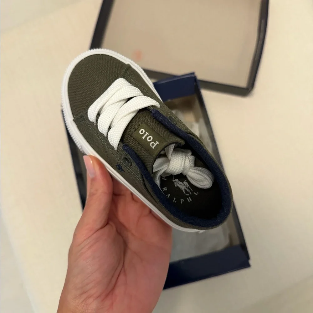 Ralph Lauren Olive Green Canvas Kids Sneakers with White Laces